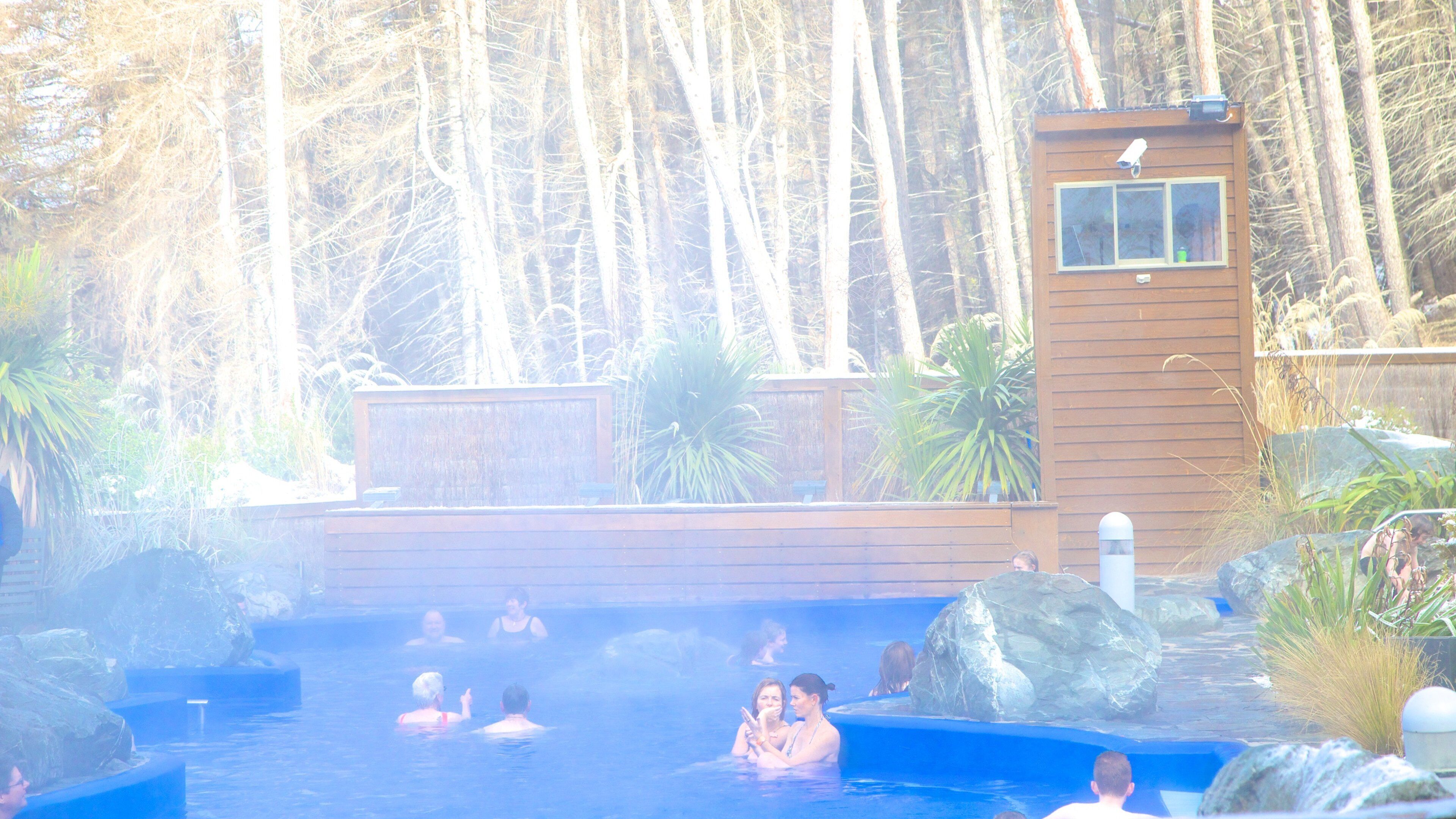 Tekapo Springs which includes a hot spring and swimming as well as a large group of people