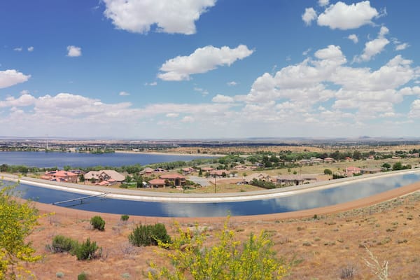 Panoramic image looking east of Palmdale in Los Angeles county showing the California aqueduct in the foreground.