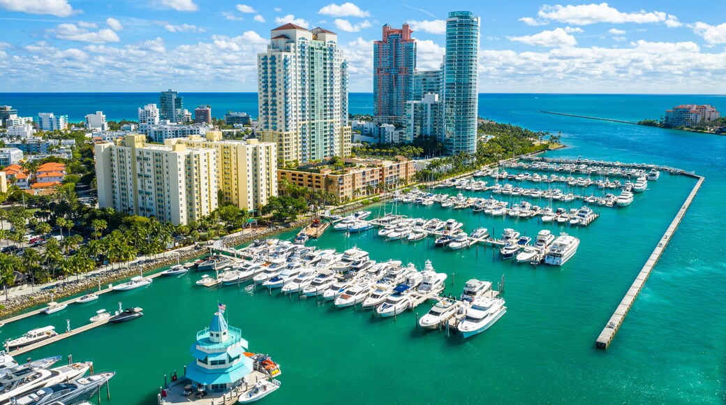 aerial drone view of Miami Beach marina in South Point
