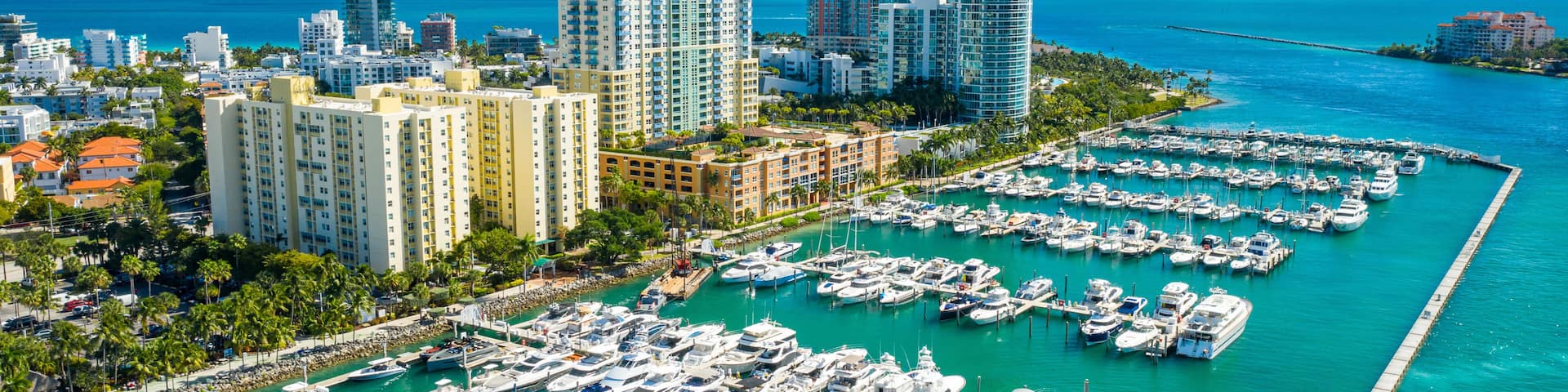 aerial drone view of Miami Beach marina in South Point
