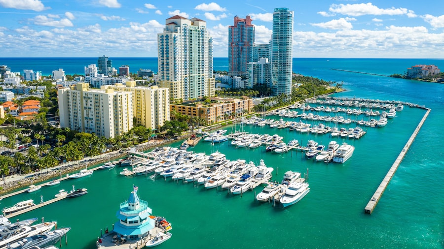 aerial drone view of Miami Beach marina in South Point