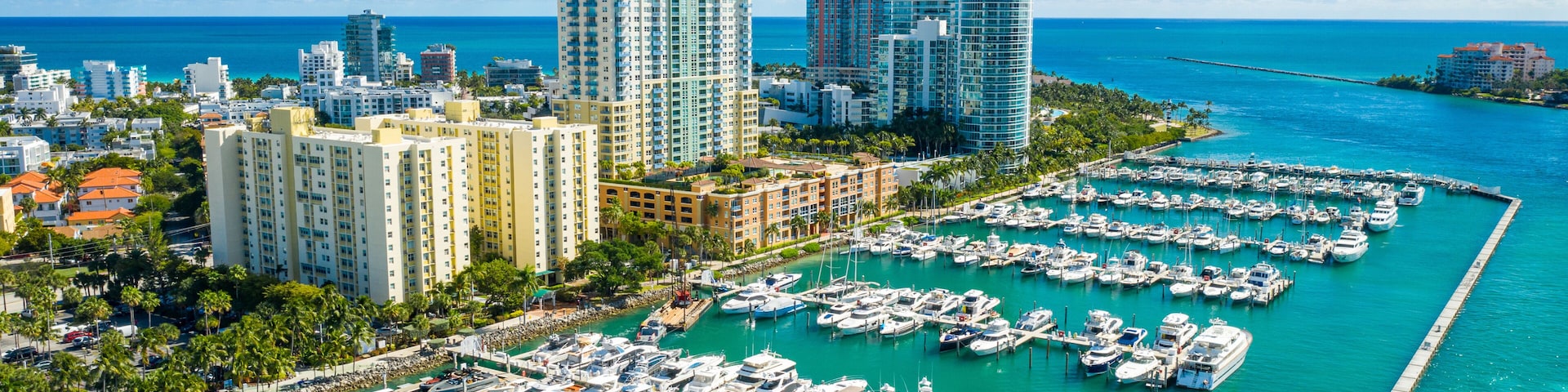 aerial drone view of Miami Beach marina in South Point