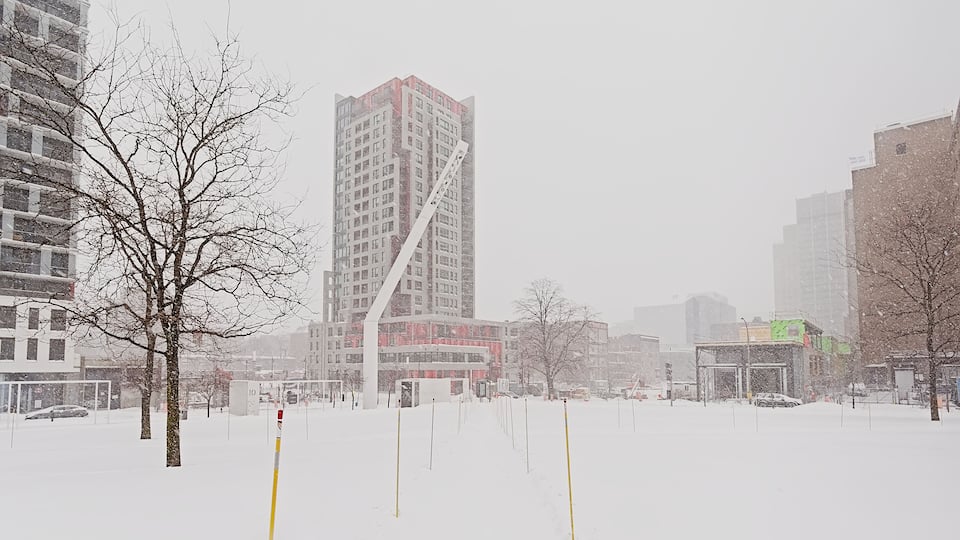 `Parterre du Quartier des spectacles` square in the snow in Montreal, Canada