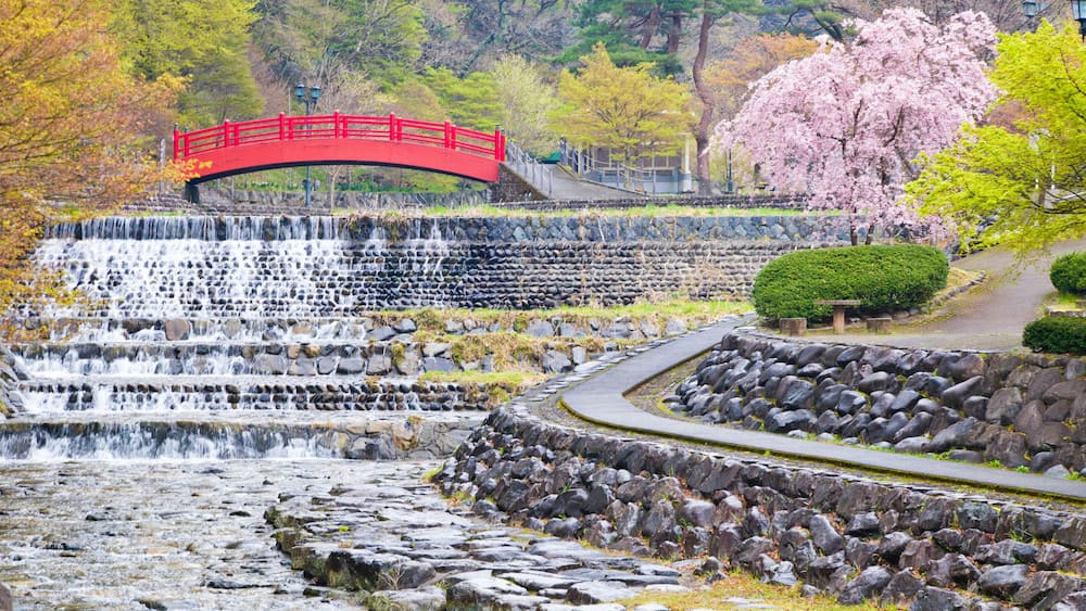 Eine rote Brücke über einem tosenden Wasserfall, umgeben von Herbstlaub und einer Kirschblütenbaum.