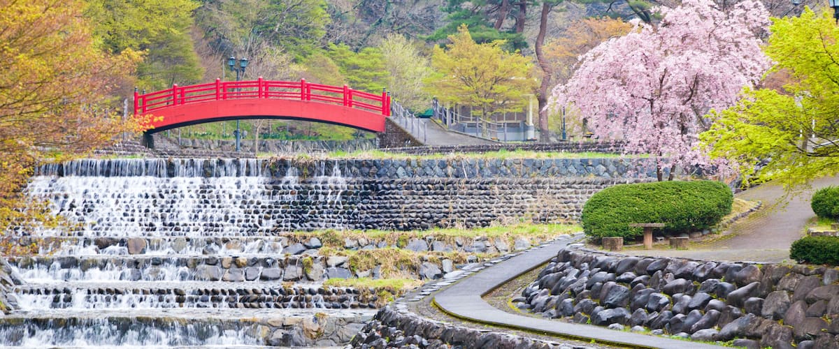 Eine rote Brücke über einem tosenden Wasserfall, umgeben von Herbstlaub und einer Kirschblütenbaum.