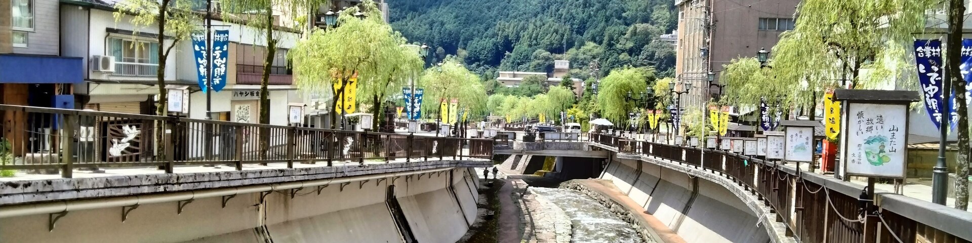 A river flowing through a town with a bridge, buildings, and mountains in the background.