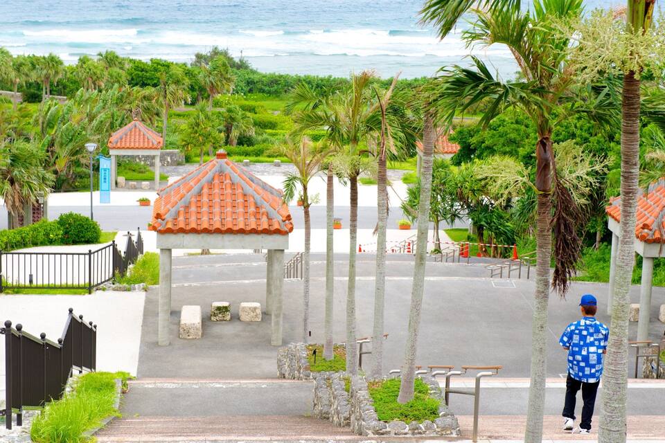A coastal walkway with palm trees, a tiled gazebo, and a person walking.
