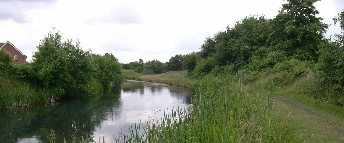 A calm river with dense greenery and a path alongside.