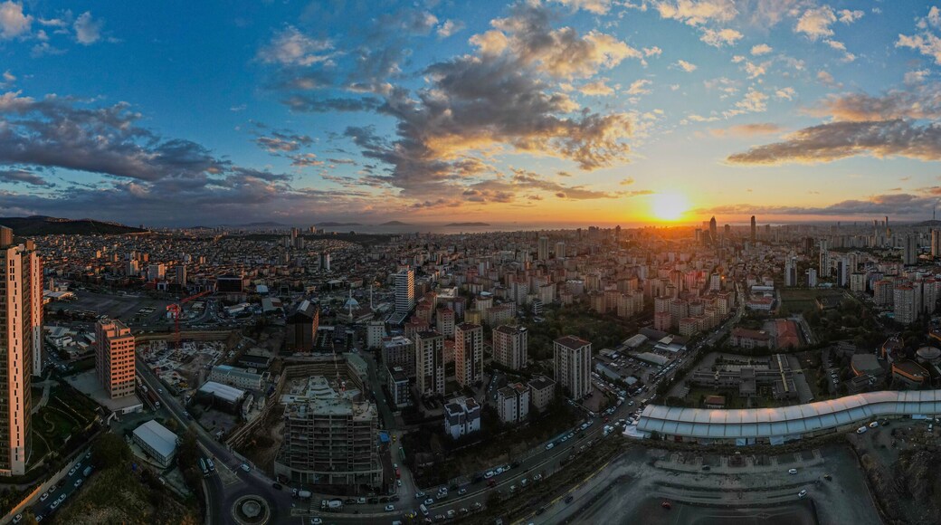 Atasehir District in Istanbul, Turkey. Ataşehir is a modern district with skyscrapers. Atasehir is in the Anatolian part of Istanbul. Drone shot.