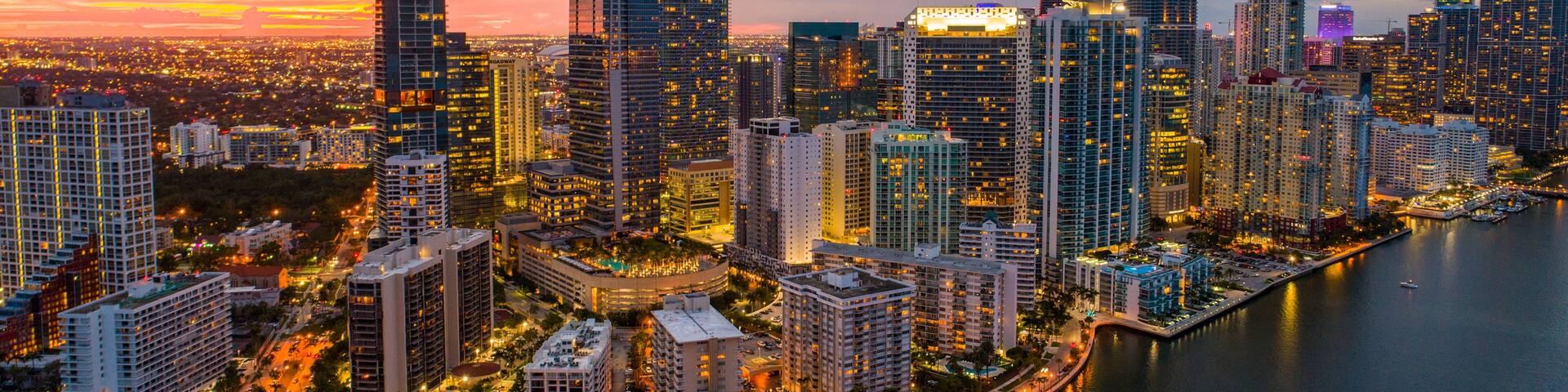 Aerial drone photo of Brickell on the bay Miami Florida twilight