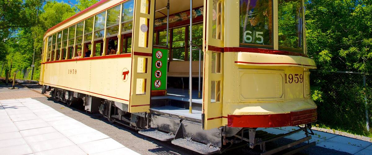A vintage tram numbered 65, named 'GARLAND', parked on tracks with a green signboard and a red roof.