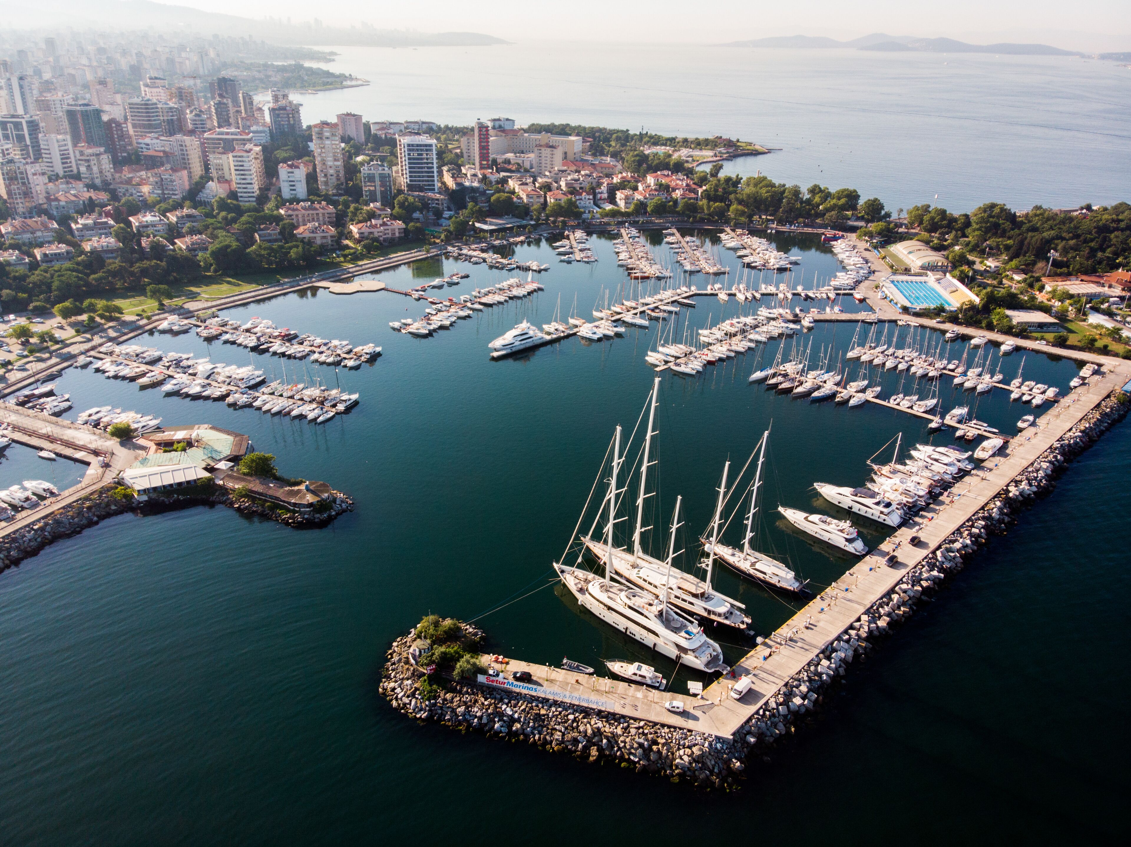 Aerial Drone View of Kalamis Fenerbahce Marina in Istanbul
