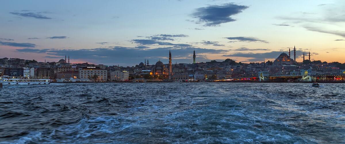 Panorama of Cityscape of Golden horn with ancient street and modern buildings in summer Istanbul is a transcontinental city in Eurasia, straddling the Bosphorus strait