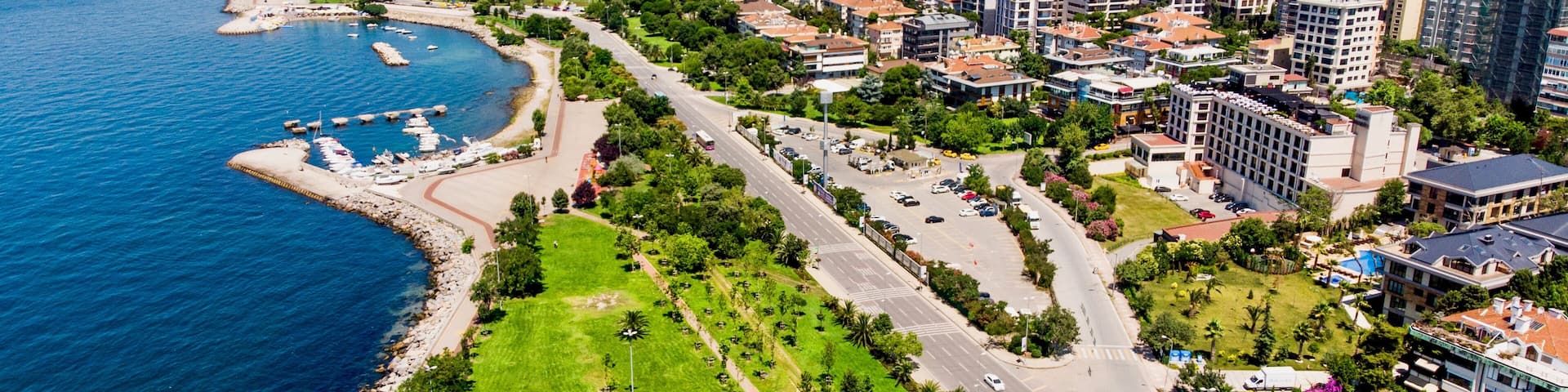 Istanbul, Turkey - February 23, 2018: Aerial Drone View of Istanbul Suadiye Seaside with Carpark