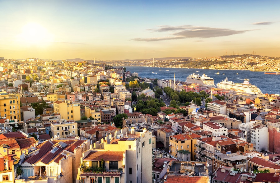 Istanbul at sunset, Turkey. Bosphorus divides the city into the Asian and European parts. View from the European side.; Shutterstock ID 268794914