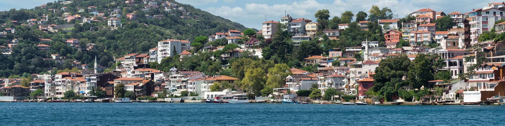 From the verdant mountains on the European side of the Bosphorus Strait, Istanbul, Turkey, appears picturesque on a summer day. Traditional houses harmonize with the dense foliage