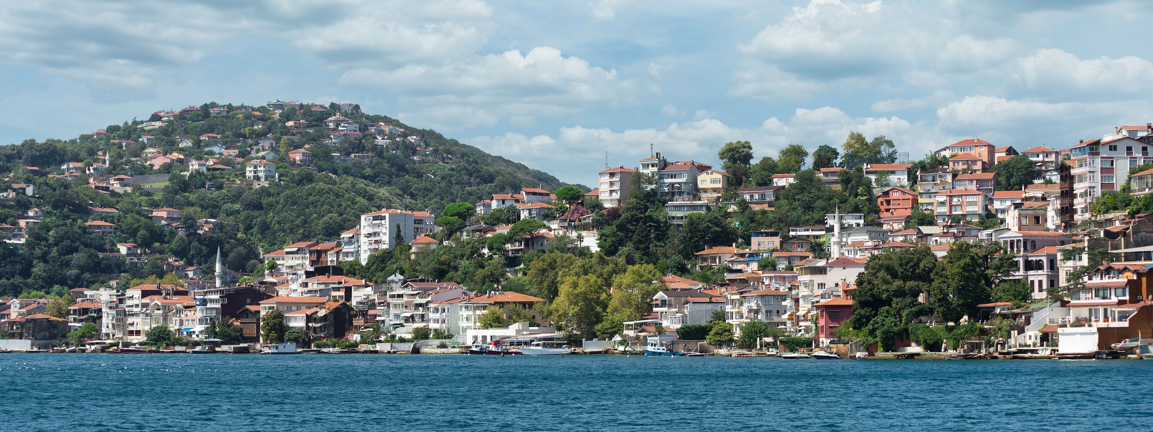 A coastal town with buildings on a hillside and boats in the water.