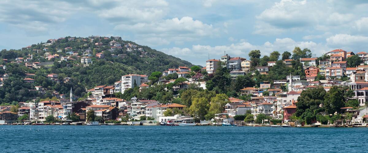 A coastal town with buildings on a hillside and boats in the water.