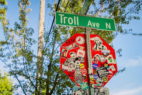 Fremont Troll featuring outdoor art and signage