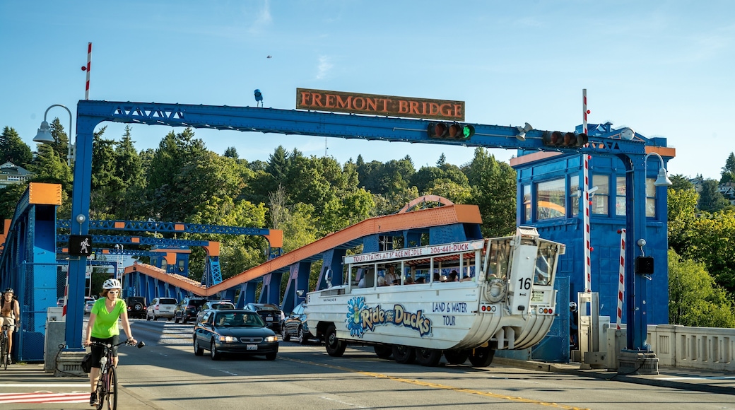Fremont Bridge showing signage and street scenes