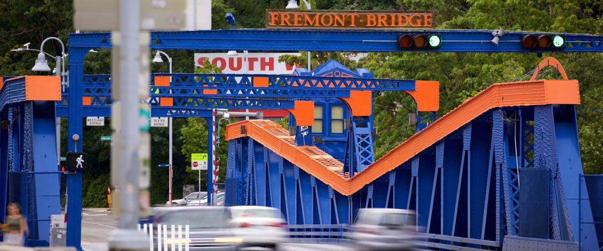 Fremont Bridge showing signage and a bridge