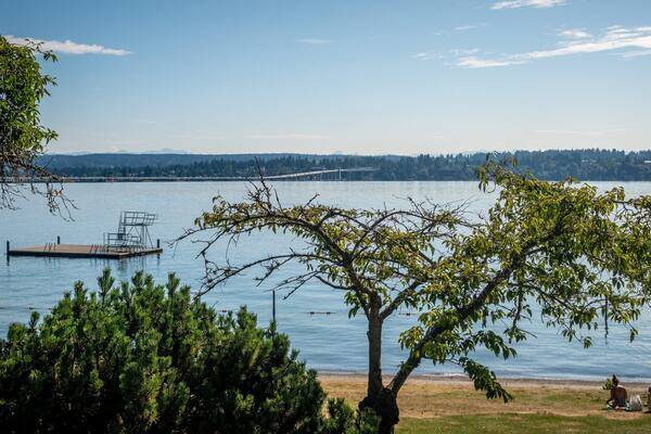 Madison Park Beach which includes a lake or waterhole as well as a small group of people