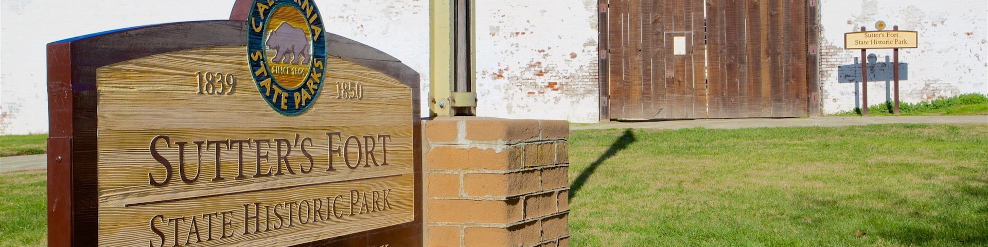 Sutter\'s Fort State Historic Park which includes heritage elements and signage