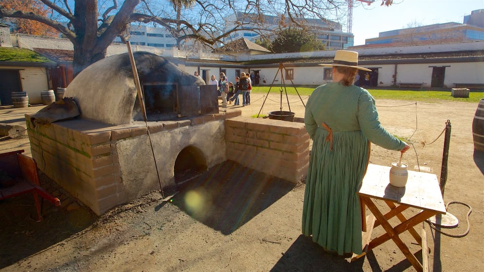 Sutter\'s Fort State Historic Park featuring heritage elements as well as an individual femail