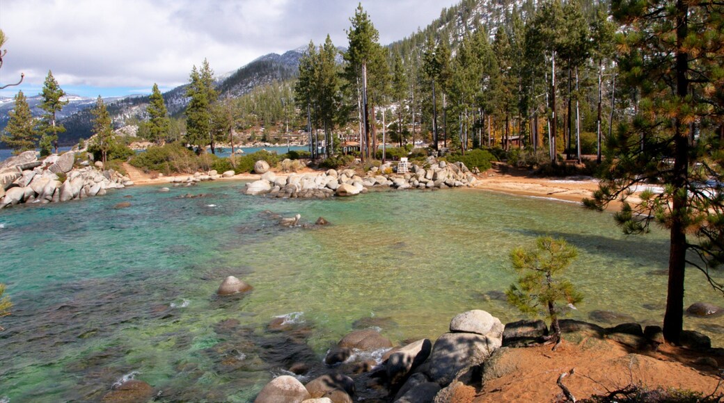 Sand Harbor featuring mountains, rocky coastline and forests