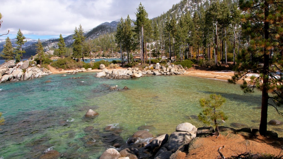 Sand Harbor featuring mountains, rocky coastline and forests