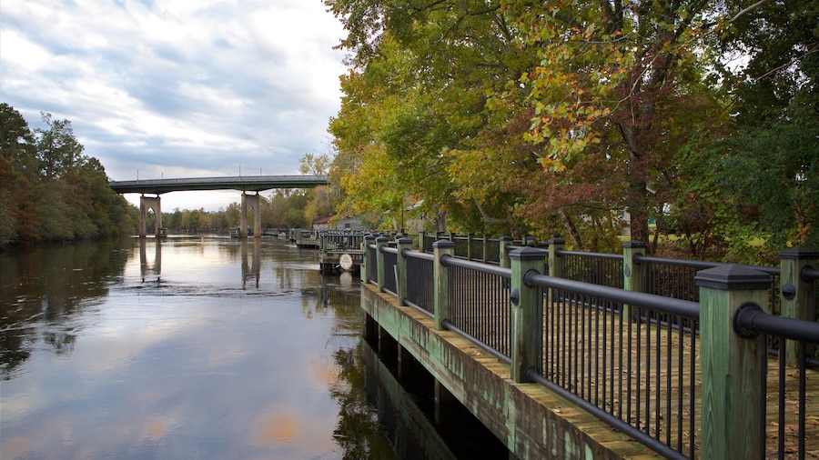 Conway Riverwalk som visar trÀsk, en Ä eller flod och en bro