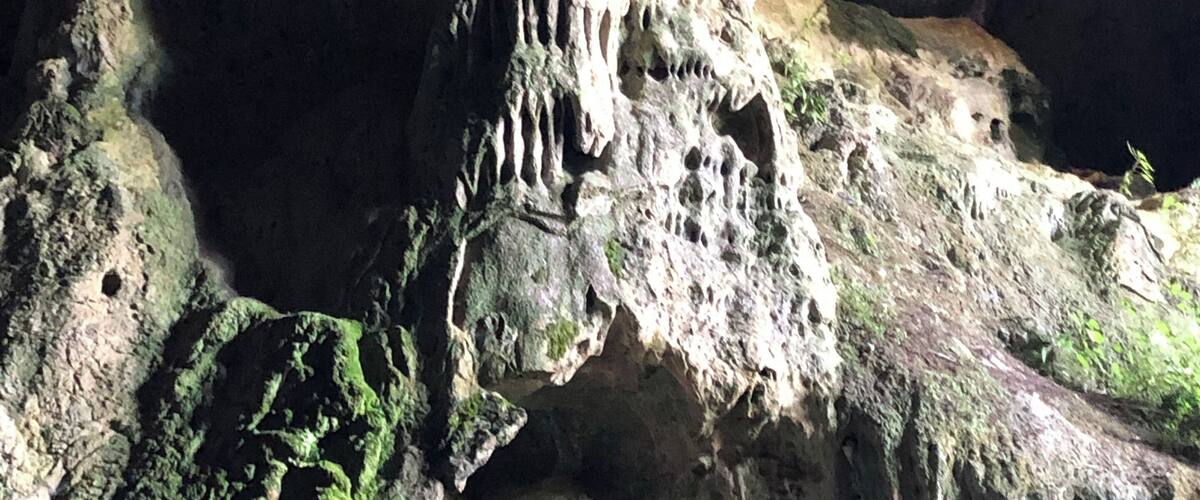 A cave with stalactites and stalagmites.