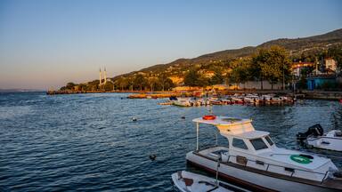 A harbor with boats, a mosque, and a hilly landscape in the background.