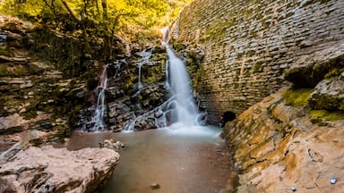 Uma cascata desce por um penhasco rochoso, cercada por vegetação exuberante.
