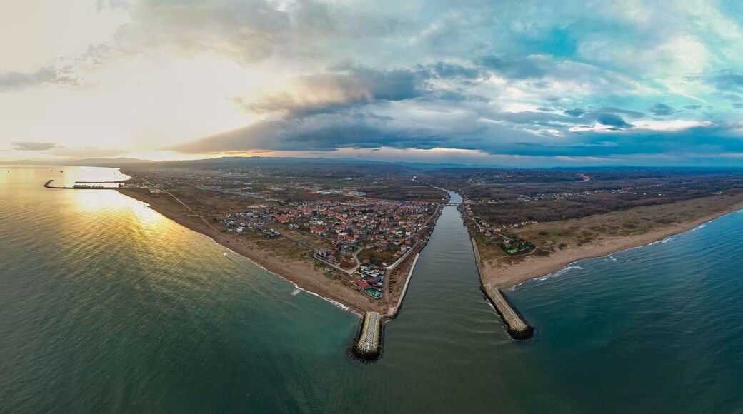 Karasu District in Sakarya, Turkey. Sunset landscape of Karasu. Aerial shooting with drone.
