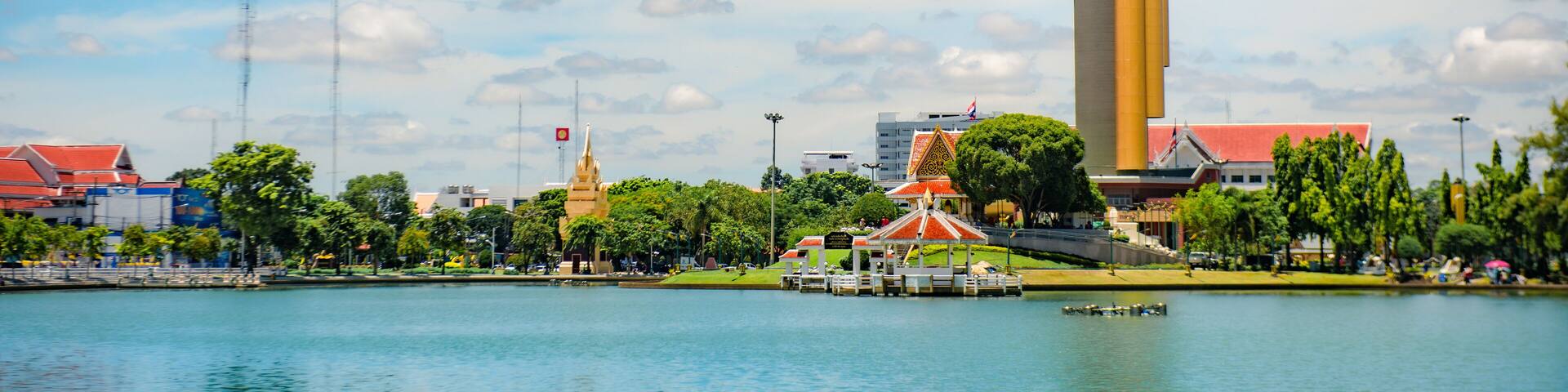 ROI-ET, THAILAND - July 16, 2020 : Tower of Roi Et city observatory, the symbol of local musical instrument, new Landmark in Roi Et Province, Thailand.