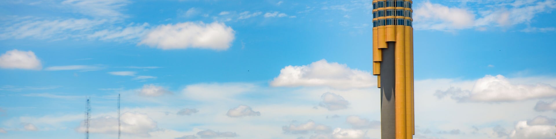 ROI-ET, THAILAND - July 16, 2020 : Tower of Roi Et city observatory, the symbol of local musical instrument, new Landmark in Roi Et Province, Thailand.