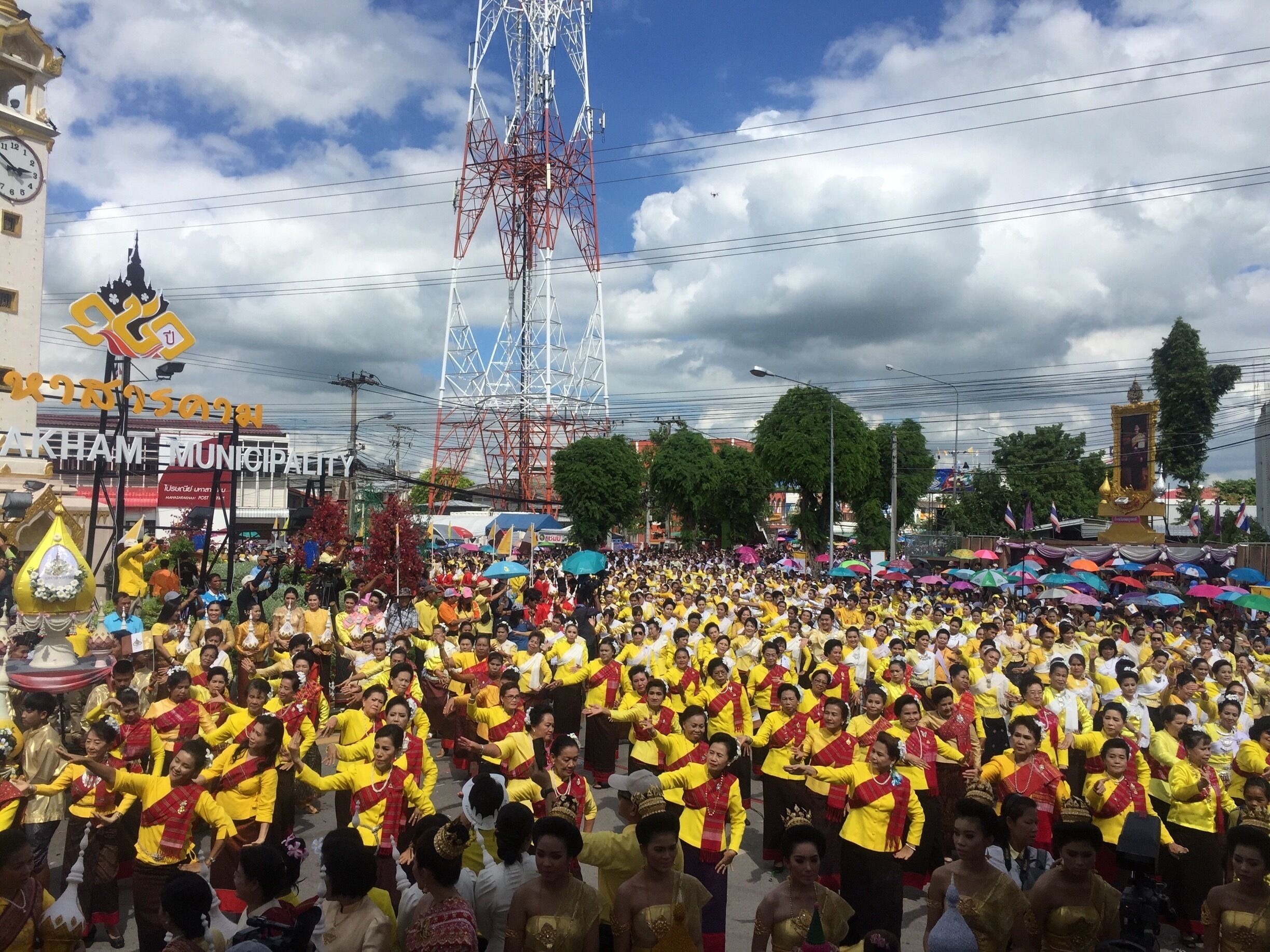 The university town of Maha Sarakham in northeastern Thailand is usually off the radar of most tourists. However, every local festival makes it come alive with colors and pageantry. The photo shows the province's 150 Years anniversary celebrations with over 10,000 dancers dancing in tune to northeastern music at the city clock tower.