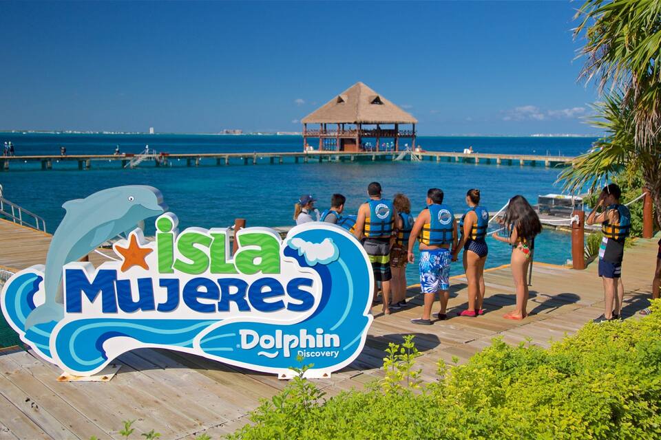 A wooden pier with a sign for 'Isla Mujeres Dolphin Discovery' and a thatched-roof structure in the background.