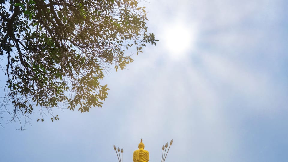 Two large elephant statues with a golden Buddha figure between them, set against a mountainous backdrop.