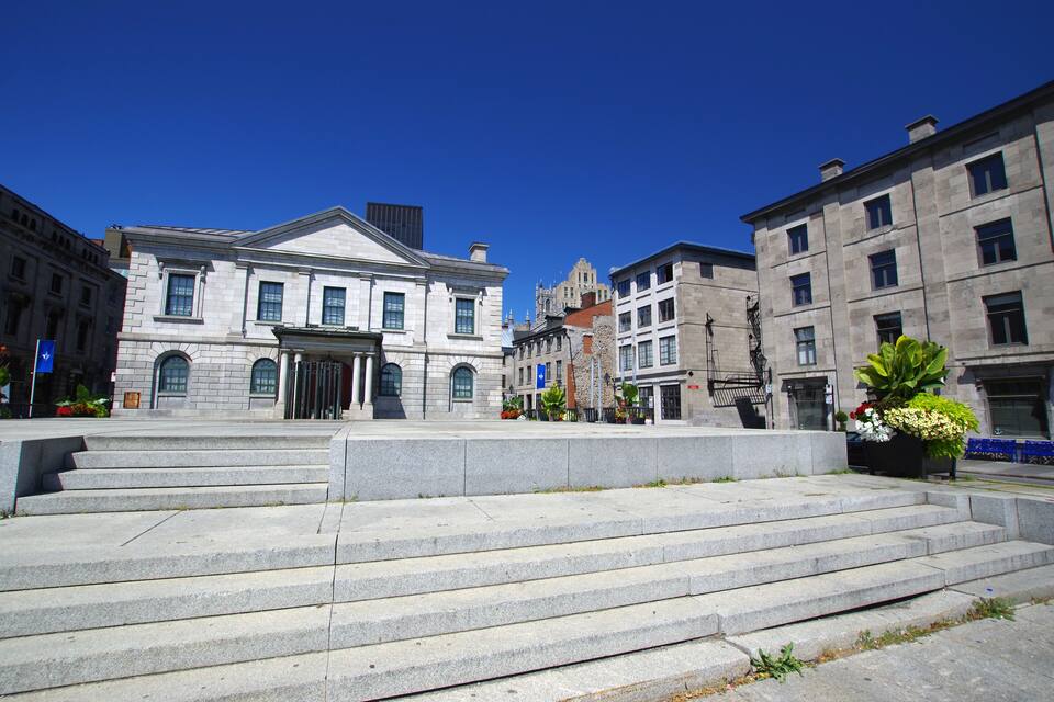 A set of stone steps leading to a classical building with a pediment, flanked by other historic buildings.