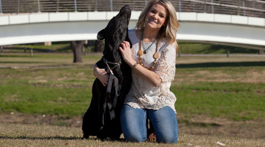 Young woman sitting and embracing her dog black labrador in Trinity Park with downtown Ft Worth, Texas in background.
Composition showing that dog and human being are two best friends. Copy Space.