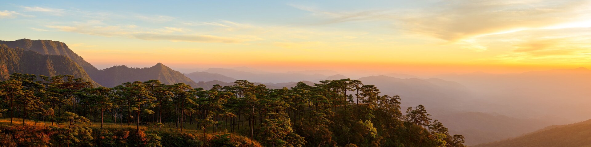 A mountainous landscape with dense forests and a clear sky at sunset.