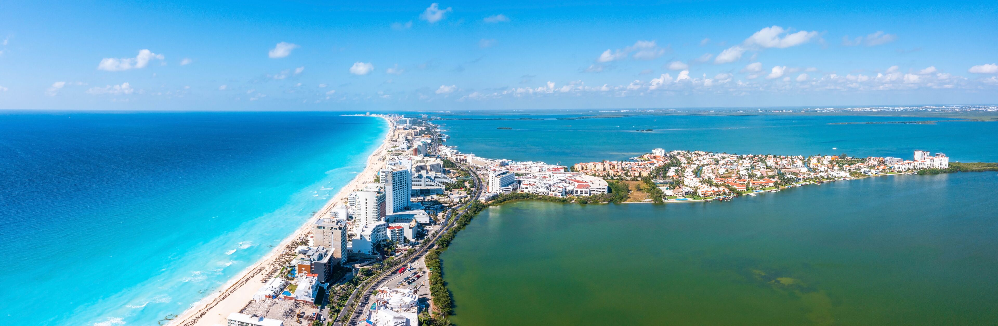 Aerial panoramic view of Punta Norte beach, Cancun, Mexico. Beautiful beach area with luxury hotels near the Caribbean sea in Cancun, Mexico.
