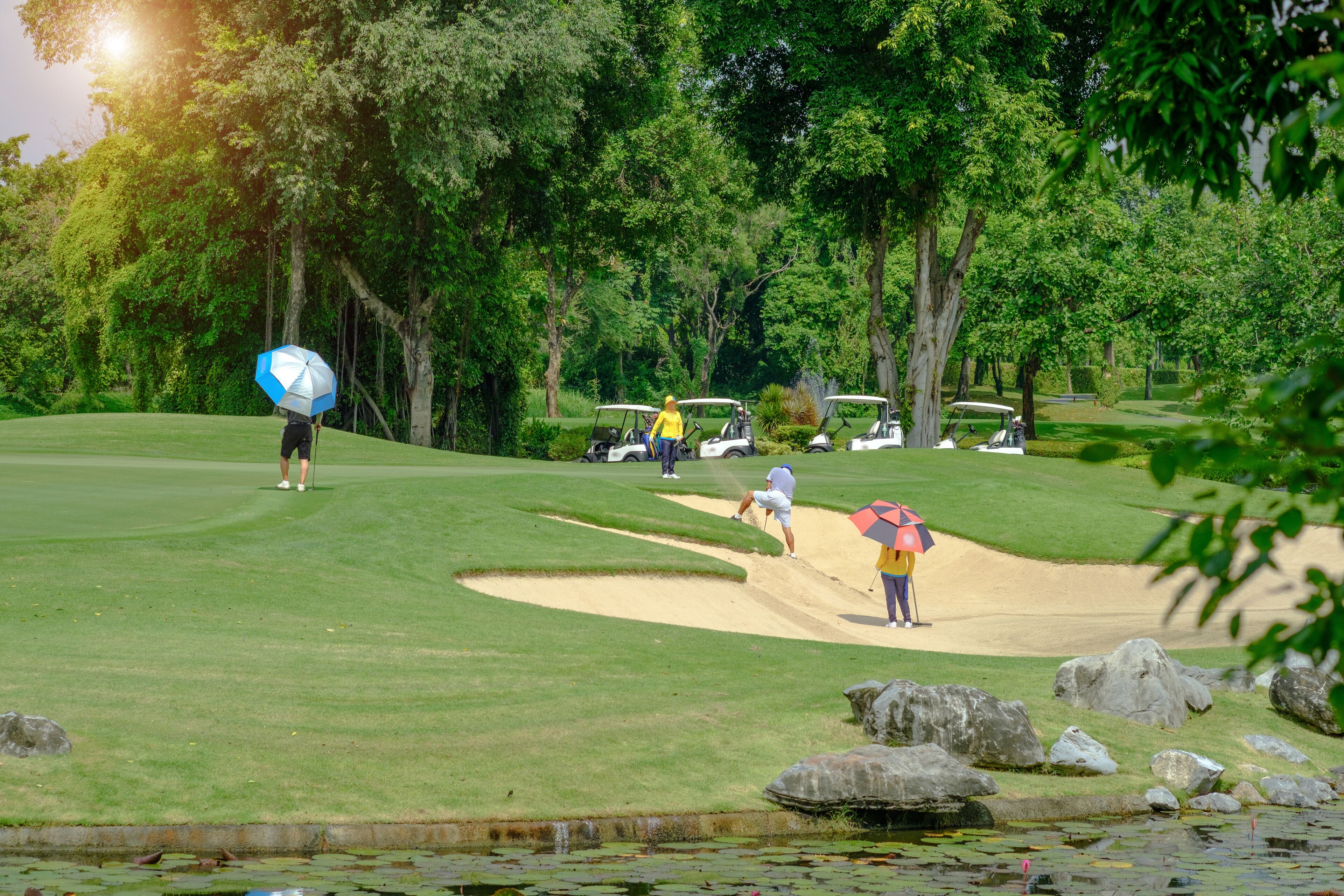 Golfer hitting the ball on the sand in green grass background in golf course ,Bangkok Thailand
