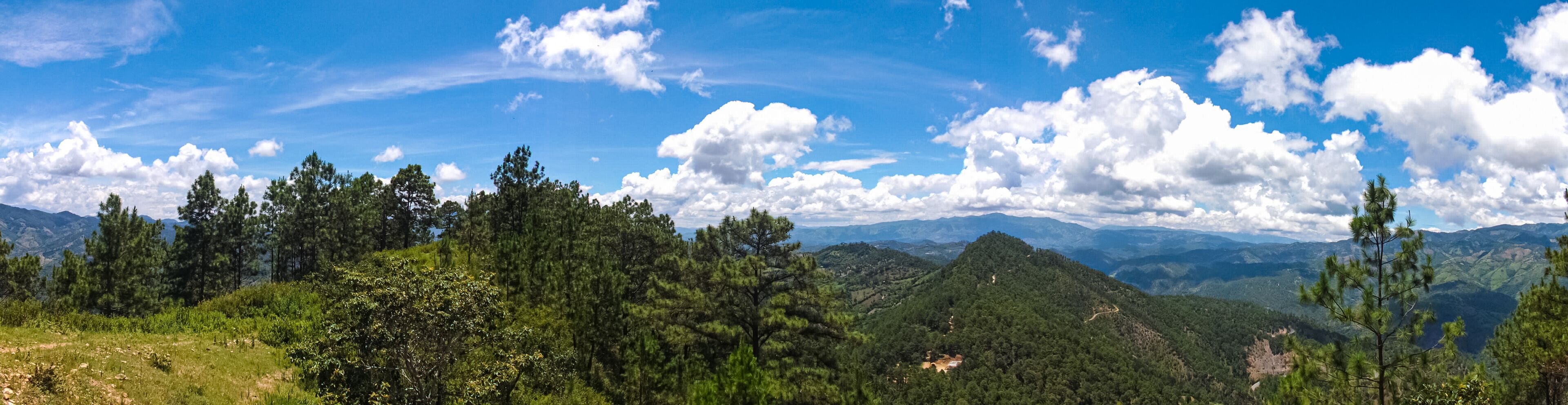 A mountainous landscape with dense forests and a clear blue sky.