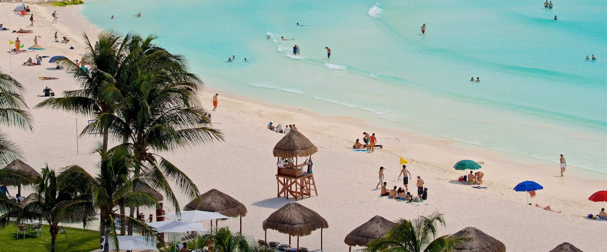 A beach with clear turquoise water, palm trees, and thatched umbrellas.