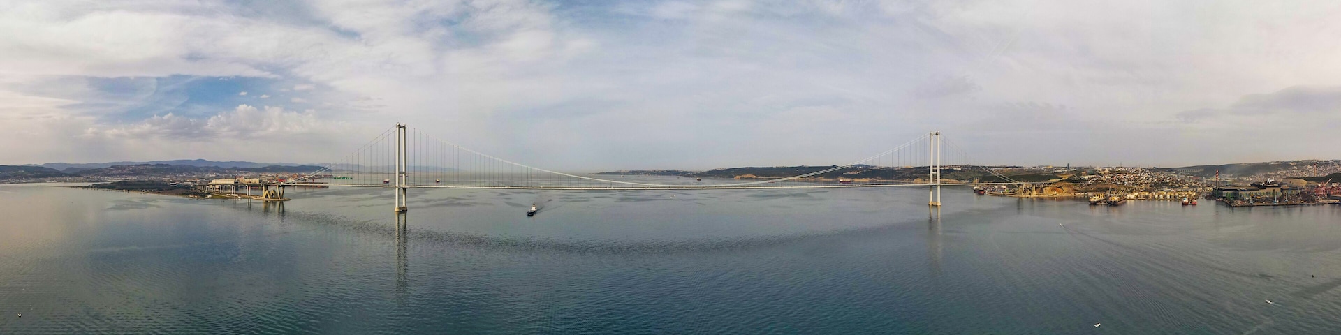 Osmangazi Bridge in Kocaeli, Turkey. Aerial shot with drone.