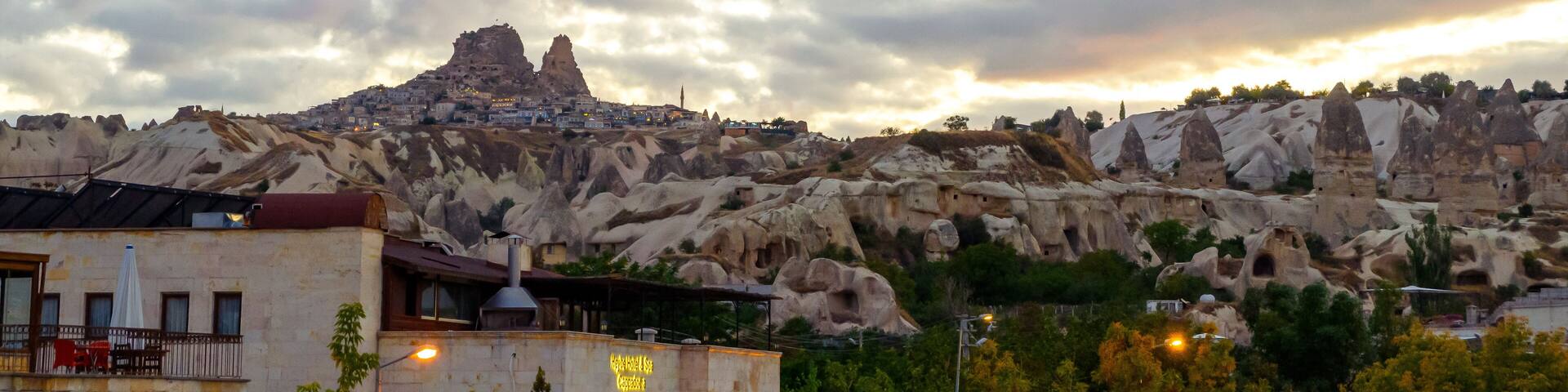Goreme, Cappadocia, Turkey on sunset. Famous center of balloon fligths.