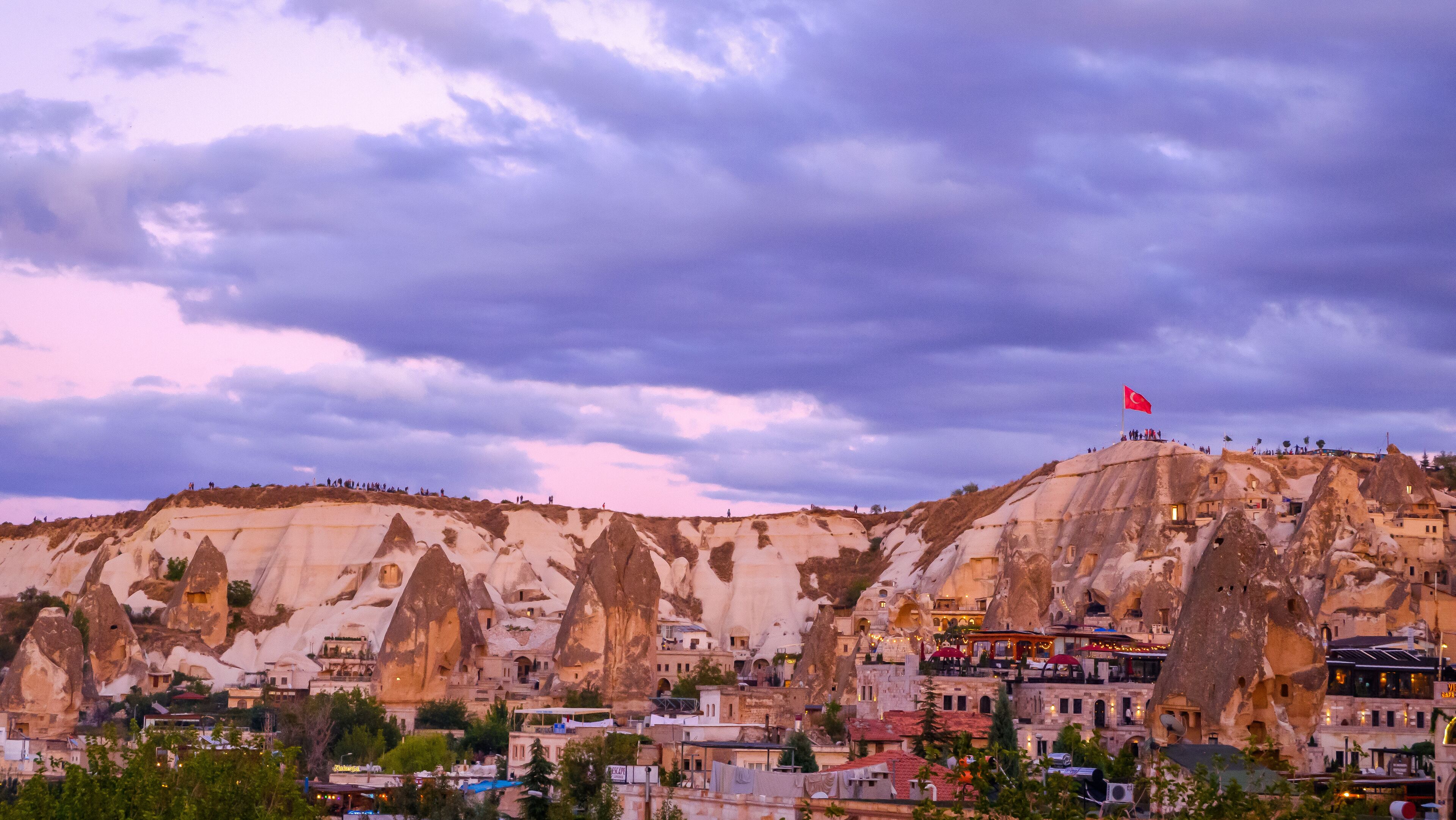 Goreme, Cappadocia, Turkey on sunset. Famous center of balloon fligths.
